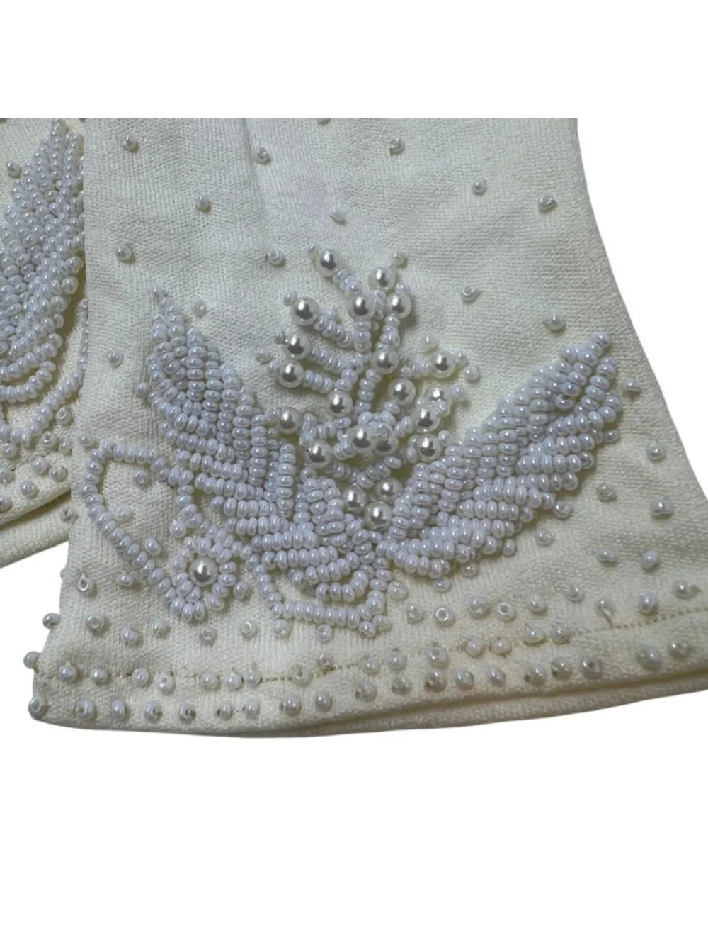 Vintage White Nylon Gloves Beaded Stretch Pearl Embellished Design One Size Made